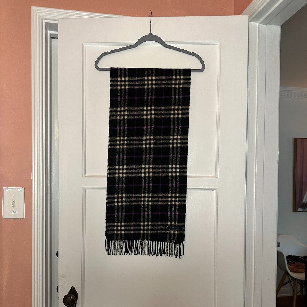 Authentic Burberry Black, Purple and White Wool Blend Scarf - O/S
